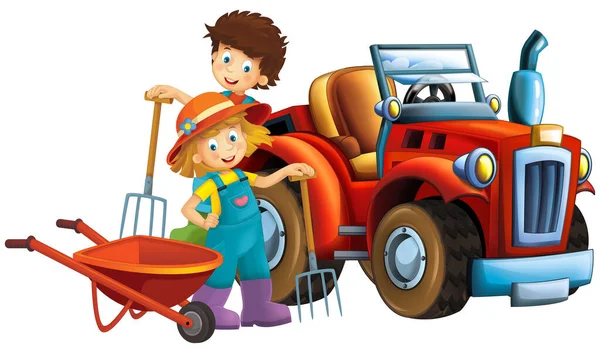 卡通片场景 农民女孩和男孩在拖拉机旁边 为孩子们提供孤立的图画 — 图库照片