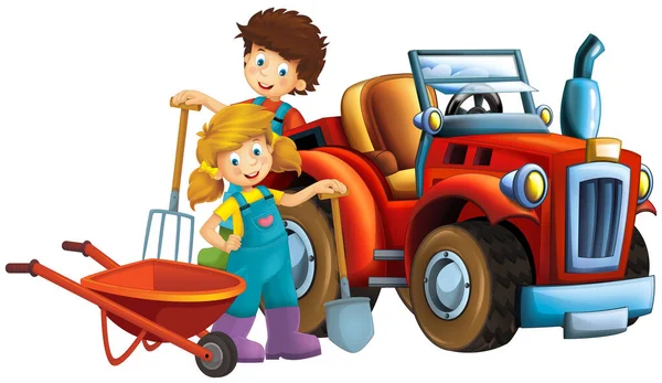 Scène Dessin Animé Avec Fille Garçon Fermier Près Tracteur Illustration — Photo