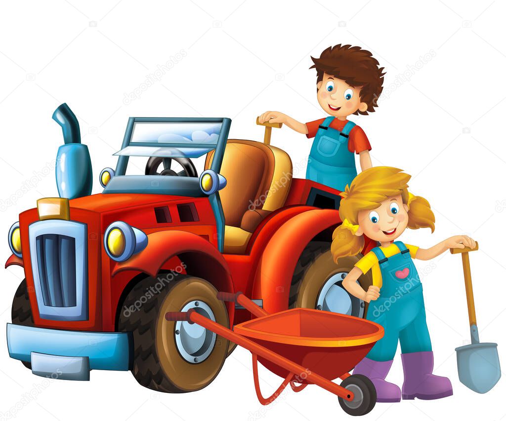 cartoon scene with farmer girl and boy near the tractor isolated illustration for children