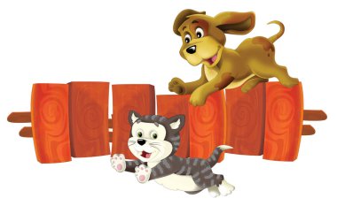 Çitin üzerinden kedi kovalayan köpeklerin olduğu çizgi film sahnesi - arkadaşlar - çocuklar için izole illüstrasyon