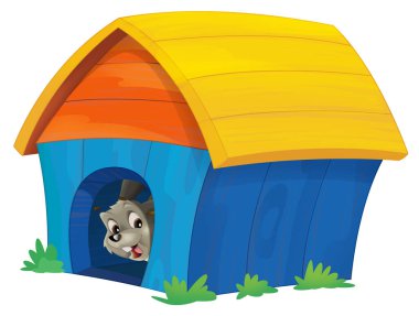 Köpek kulübesinde tavşan olan çizgi film sahnesi çocuklar için izole edilmiş.