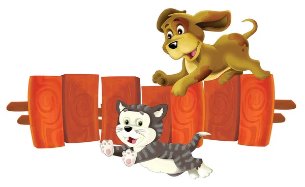 Cartoon scene with dog chasing cat over the fence - friends - isolated illustration for children