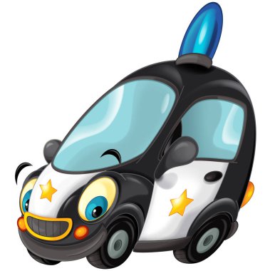 Beyaz arka plan arabasında gülümseyen çizgi film polisi çocuklar için izole bir illüstrasyon