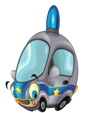 Beyaz arka plan arabasında gülümseyen çizgi film polisi çocuklar için izole bir illüstrasyon