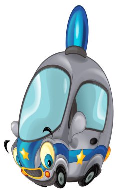 Beyaz arka plan arabasında gülümseyen çizgi film polisi çocuklar için izole bir illüstrasyon