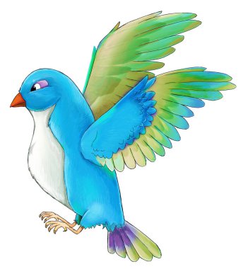 Çizgi filmlerdeki egzotik renkli kuşlar çocuklar için izole edilmiş resimlerle uçuyor.