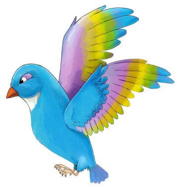 Çizgi filmlerdeki egzotik renkli kuşlar çocuklar için izole edilmiş resimlerle uçuyor.