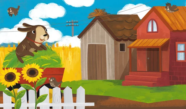 Caricatura Granja Escena Con Perro Heno Ilustración Para Niños —  Fotos de Stock