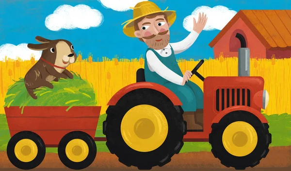 cartoon farm scene with farmer dog and tractor illustration for children