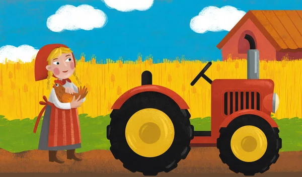 cartoon farm scene with farmer and wife tractor illustration for children