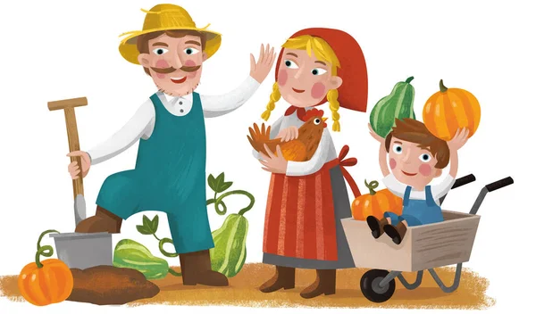 Cartoon Farmer Characters Father Son Wife Isolated Illustration Children — Stock Photo, Image