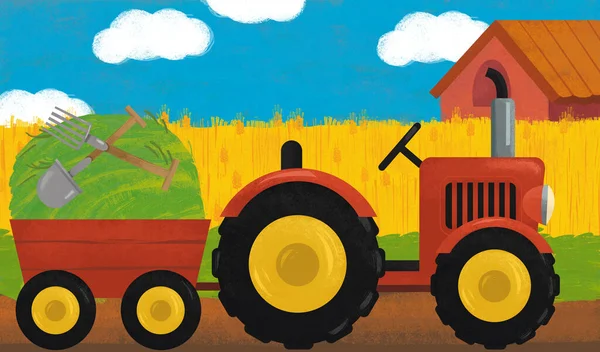 Escena Dibujos Animados Con Tractor Granja Ilustración Para Niños — Foto de Stock