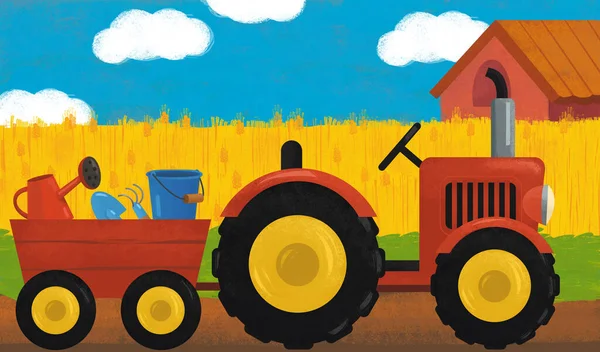 Zeichentrickszene Mit Traktor Auf Dem Bauernhof Illustration Für Kinder — Stockfoto