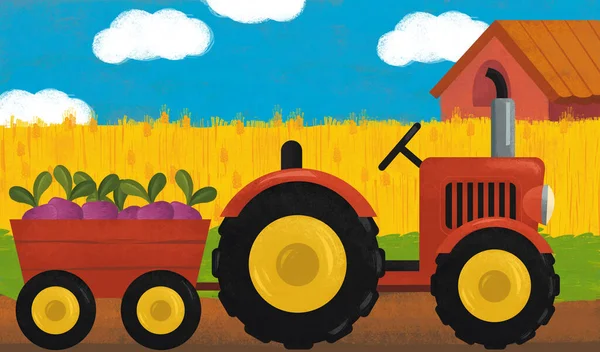 Escena Dibujos Animados Con Tractor Granja Ilustración Para Niños —  Fotos de Stock