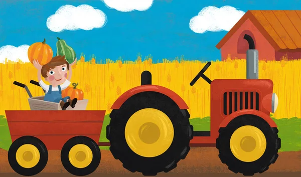 Rajzfilm Jelenet Traktor Gazdaságban Illusztráció Gyerekeknek — Stock Fotó
