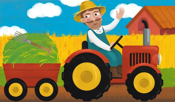 Kreslená Scéna Traktorem Farmářem Farmě Ilustrace Pro Děti — Stock fotografie