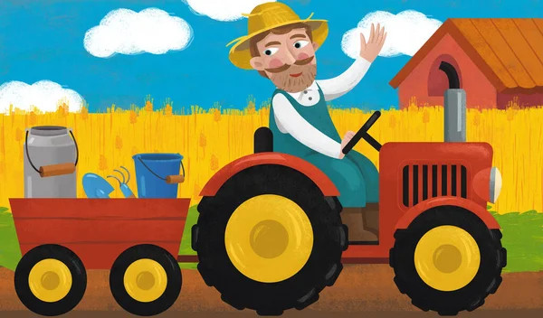 Rajzfilm Jelenet Traktor Mezőgazdasági Termelő Gazdaságban Illusztráció Gyerekeknek — Stock Fotó
