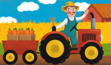 Çocuklar için çiftlik illüstrasyonunda traktörlü karikatür sahnesi
