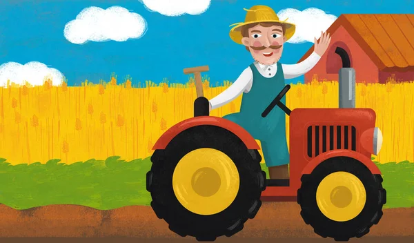 Cartoon Boerderij Scène Auto Trekker Illustratie Voor Kinderen — Stockfoto