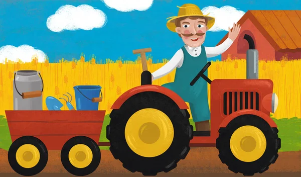 Zeichentrickszene Mit Traktor Auf Dem Bauernhof Illustration Für Kinder — Stockfoto