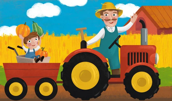 农场图上有拖拉机的卡通片给孩子们看 — 图库照片