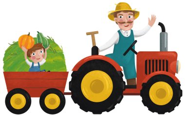 Çocuk resimleriyle çalışan çiftçi ile çizgi film sahnesi