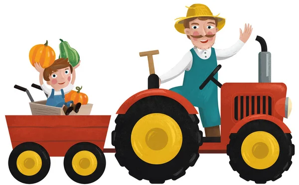 Cena Dos Desenhos Animados Com Agricultor Trabalhando Com Filho Ilustração — Fotografia de Stock
