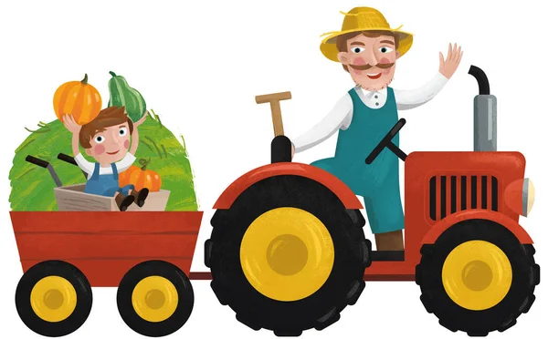 Cena Dos Desenhos Animados Com Agricultor Trabalhando Com Filho Ilustração — Fotografia de Stock