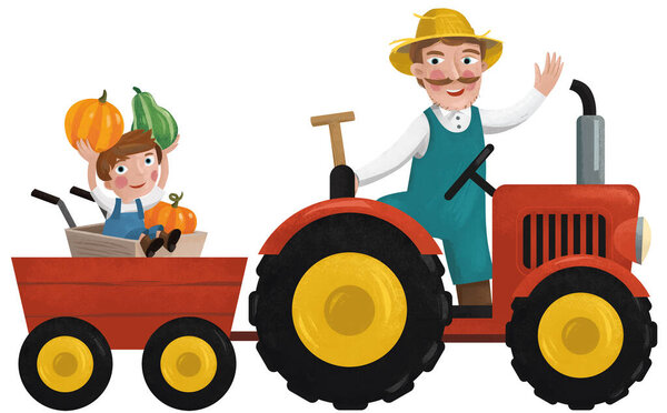 cartoon scene with working farmer with son illustration for children