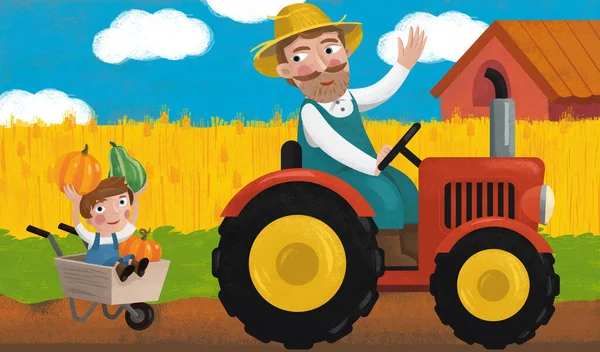 Cartoon Scene Met Trekker Boer Boerderij Illustratie Voor Kinderen — Stockfoto