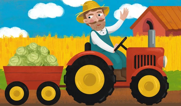 农场图上有拖拉机和农民给孩子们画的卡通片 — 图库照片