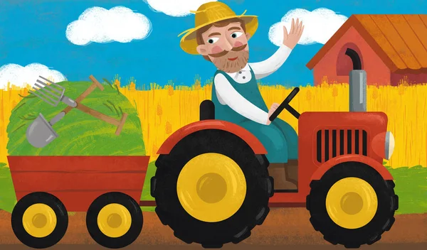 Cartoon Scene Met Trekker Boer Boerderij Illustratie Voor Kinderen — Stockfoto