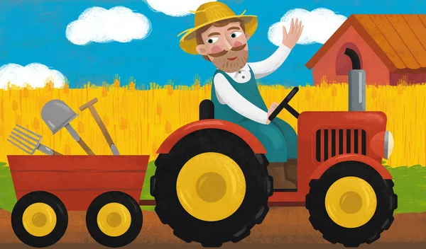 Cartoon Scene Met Trekker Boer Boerderij Illustratie Voor Kinderen — Stockfoto