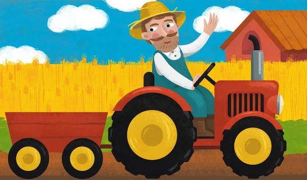 子供のための農業図上のトラクターや農家と漫画のシーン — ストック写真
