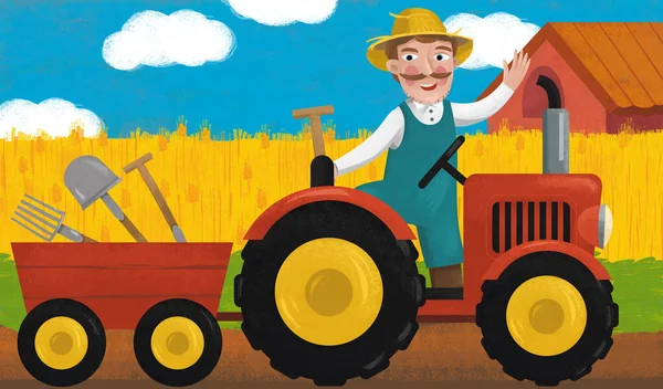 Çocuklar Için Çiftlik Illüstrasyonunda Traktörlü Karikatür Sahnesi — Stok fotoğraf