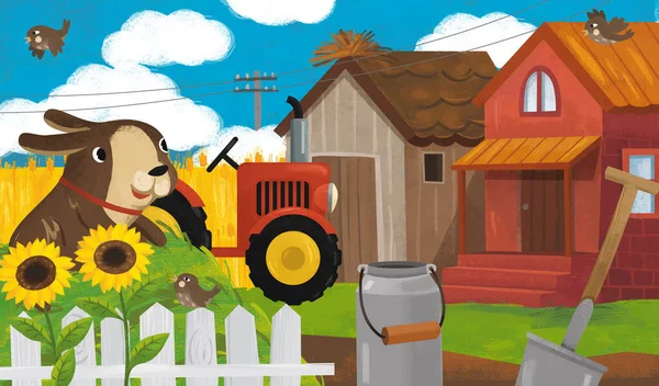 Cartoon Ranch Scene Farmer Dog Illustration Children — Stock Photo, Image