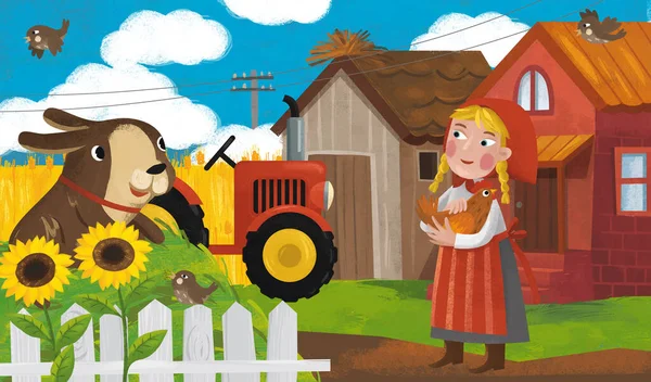 cartoon ranch scene with farmer girl and dog illustration for children