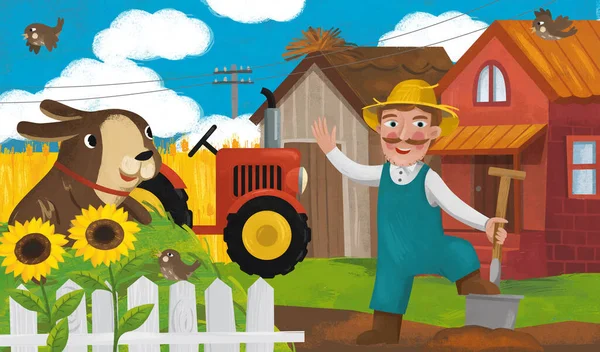 cartoon ranch scene with farmer and dog illustration for children