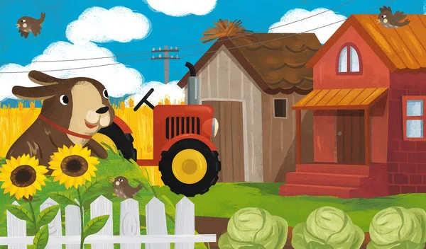 Cartoon Ranch Scene Met Boer Hond Illustratie Voor Kinderen — Stockfoto