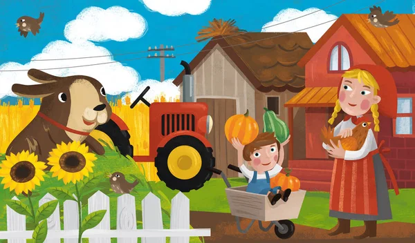 cartoon ranch scene with farmer family and dog illustration for children
