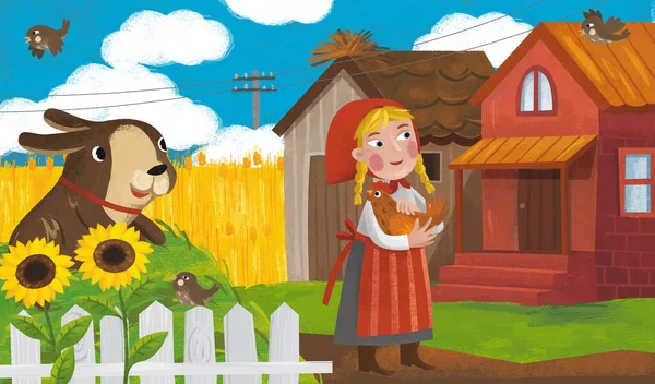 Cena Fazenda Desenhos Animados Com Agricultor Menina Cão Ilustração Para — Fotografia de Stock