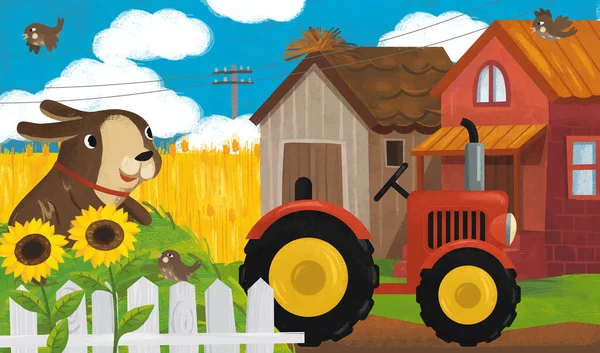 Cartoon Ranch Scene Farmer Dog Illustration Children — Stock Photo, Image