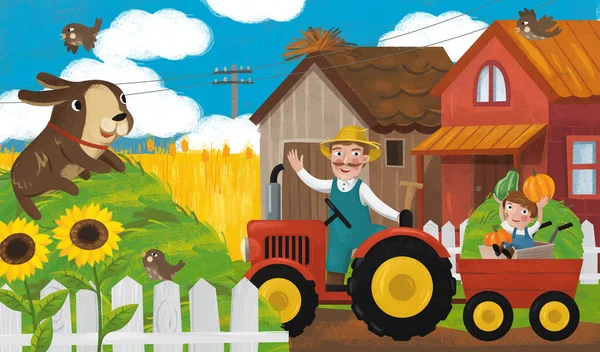 Rajzfilm Jelenet Traktor Farm Család Farmon Illusztráció Gyerekeknek — Stock Fotó