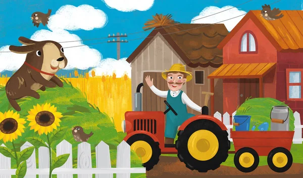 Kreslená Scéna Traktorem Rodinou Farmářů Ranči Ilustrace Pro Děti — Stock fotografie