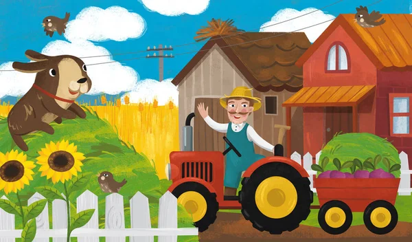 Kreslená Scéna Traktorem Rodinou Farmářů Ranči Ilustrace Pro Děti — Stock fotografie