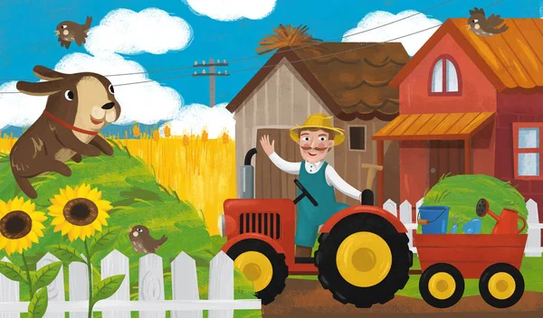 Cartoon Scene Tractor Farm Family Ranch Illustration Children — Stock Photo, Image