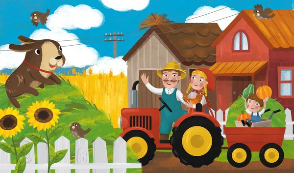 Cartoon Scene Tractor Farm Family Ranch Illustration Children — Stock Photo, Image