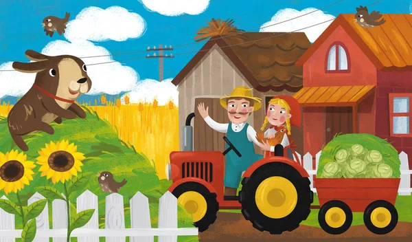 Cartoon Scene Tractor Farm Family Ranch Illustration Children — Stock Photo, Image