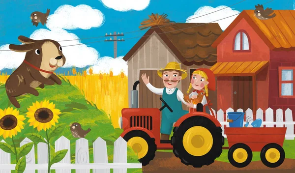 子供のための牧場のイラストでトラクターや農場の家族と漫画シーン — ストック写真