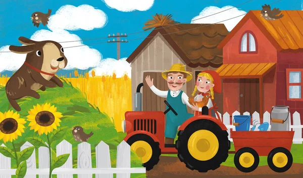 子供のための牧場のイラストでトラクターや農場の家族と漫画シーン — ストック写真
